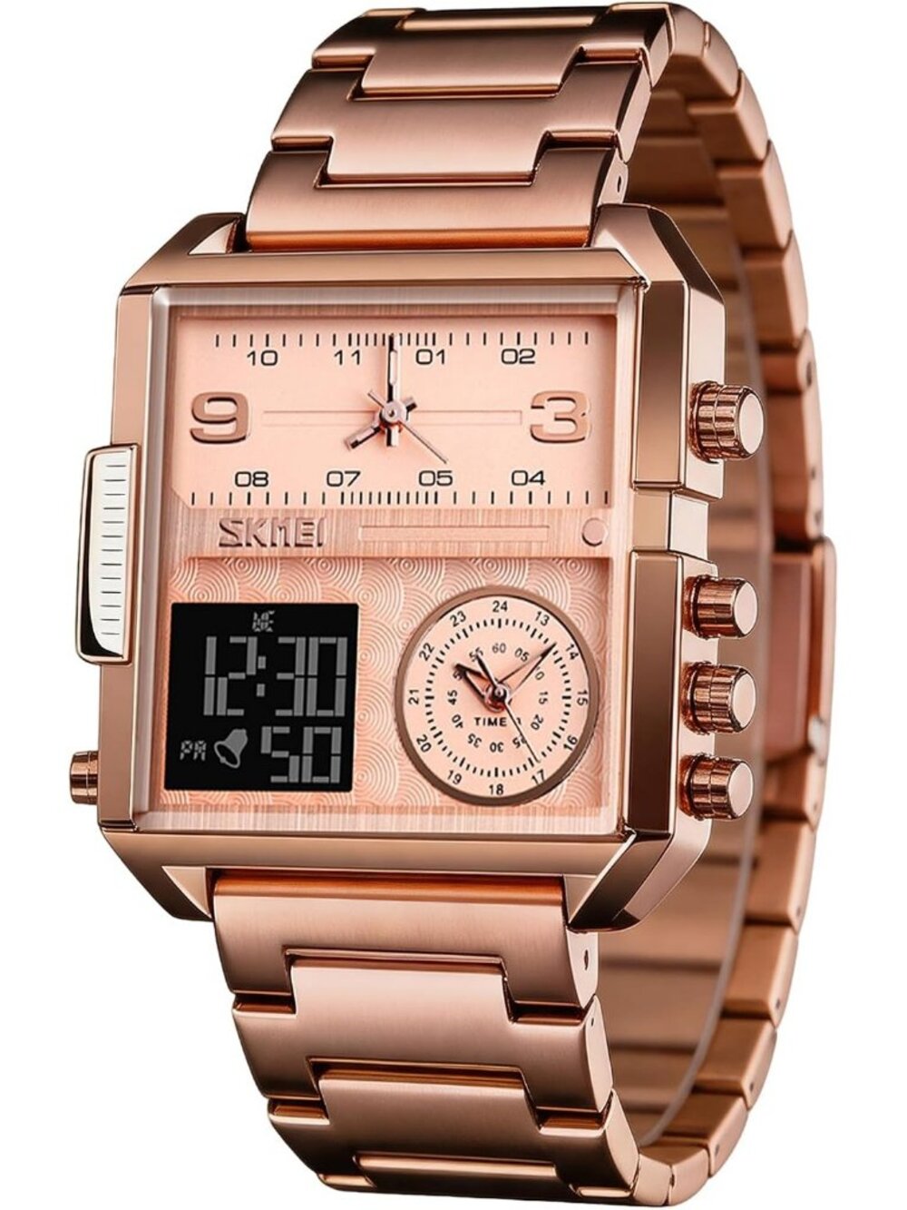Men's Rose Gold LED Square Large Face Analog Quartz Digital Sports Wrist Watch